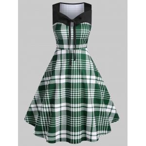 

Tie Collar Plaid Print Sleeveless Vintage Dress, Deep green
