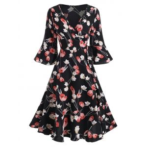 

Floral Print V Neck Ruffled Wrap Dress, Black