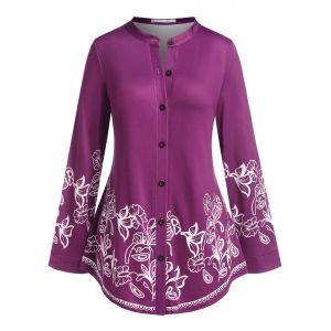 

Plus Size Button Up Flower Curved Hem Shirt, Concord