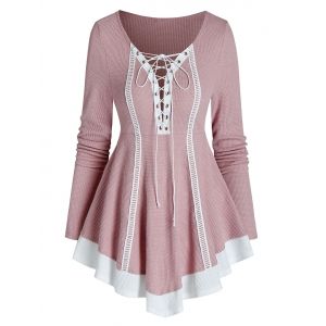 

Bicolor Lace Up Knitted A Line Top, Pink rose