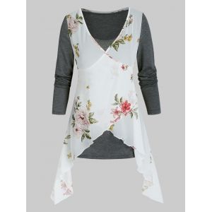 

Floral Print 2 in 1 Layered Asymmetrical T Shirt, Multi a