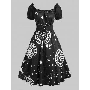 

Lace Up Starry Print Lettuce Trim A Line Dress, Multi a