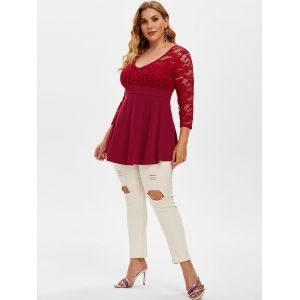 

Plus Size V Neck Lace Panel T Shirt, Red wine