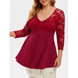 

Plus Size V Neck Lace Panel T Shirt, Red wine