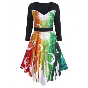 

Colorful Starry Print Sweetheart Neck Asymmetrical Dress, Multi a