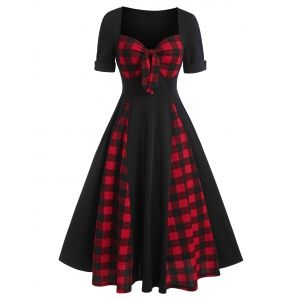

Sweetheart Neck Bow Tartan Panel A Line Dress, Multi a