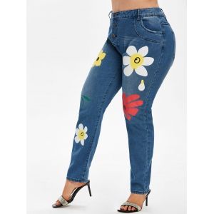 

Plus Size Button Fly Floral Print Jeans, Deep blue