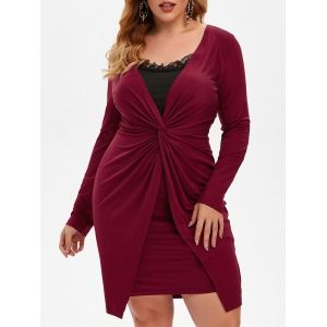 

Plus Size Twist Lace Panel Ruched Fitted Dress, Deep red