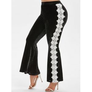 

Plus Size Velvet Contrast Lace Bell Bottom Pants, Black