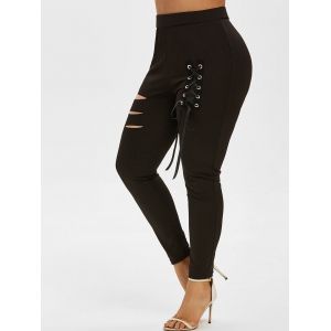 

Plus Size Ripped Lace Up Pants, Black