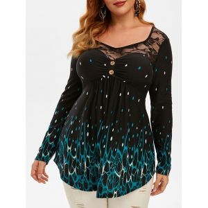 

Plus Size Lace Sheer Yoke Printed Curved Hem Tee, Black