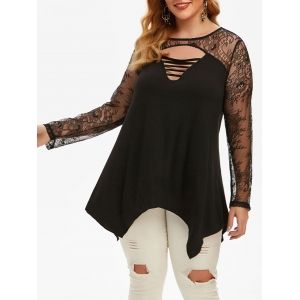 

Lace Panel Handkerchief Ladder Cut Out Plus Size Top, Black