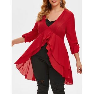 

Plus Size High Low Chiffon Blouse and Tank Top Set, Red