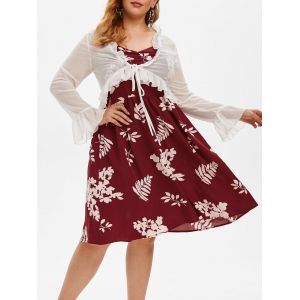 

Plus Size Floral A Line Dress and Ruffle Tied Top Set, Red wine