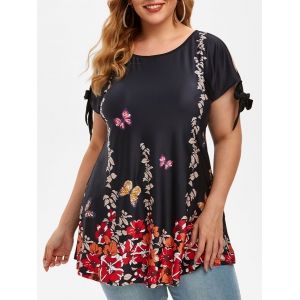 

Plus Size Floral Butterfly Print Tie Sleeve T Shirt, Black