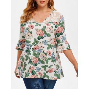 

Plus Size Floral Print Poet Sleeve Blouse, White