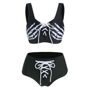 

Halloween Skeleton Print Lace-up Tankini Set, Black
