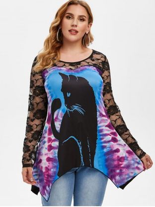Lace Panel Tie Dye Cat Print Plus Size Top