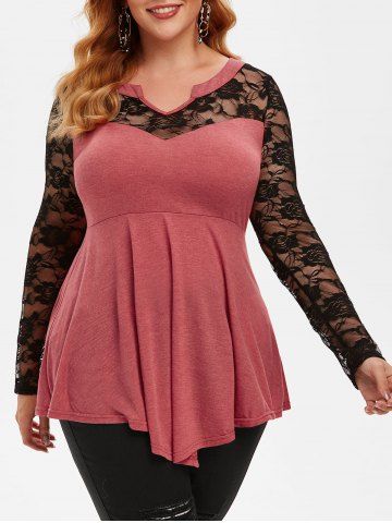 Plus Size Flower Lace Panel Flare Top - VALENTINE RED - L