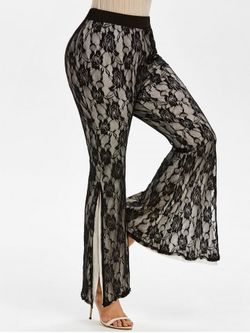 Layered Side Slit Lace Plus Size Flare Pants - BLACK - L