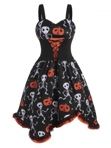 Lace-up Halloween Pumpkin Skull Ruffle Dress - BLACK - S