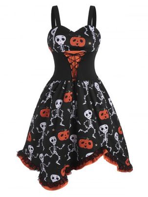 Lace-up Halloween Pumpkin Skull Ruffle Dress