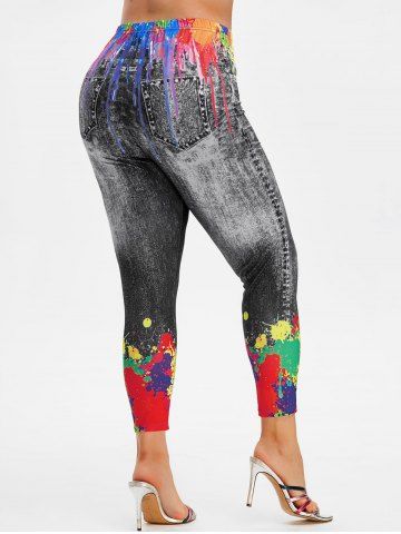 

Plus Size Splatter Paint 3D Pattern High Rise Jeggings, Black