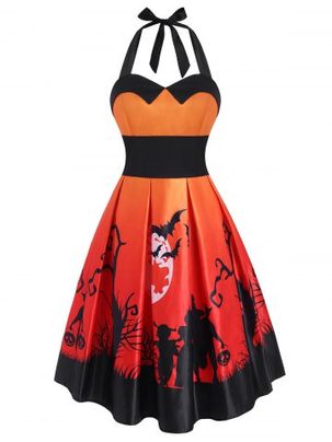 Halloween Pumpkin Moon Print Sleeveless Dress