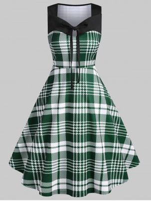 Tie Collar Plaid Print Sleeveless Vintage Dress