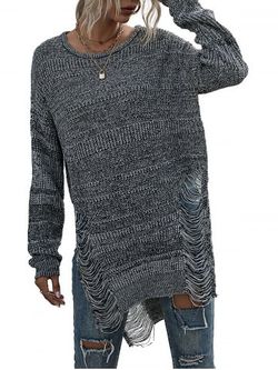 Marled Ripped Destroyed Slit Sweater - GRAY - S
