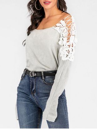 Crocheted Lace Panel Batwing Sleeve Sweater