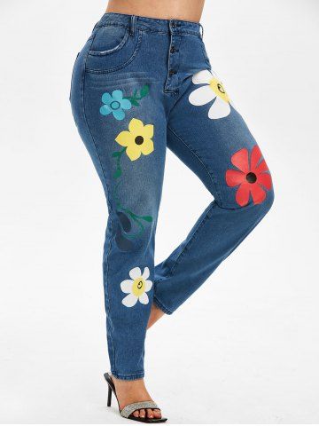 Plus Size Button Fly Floral Print Jeans