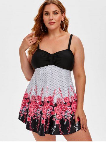 

Plus Size Floral Print Polka Dot Tankini Swimwear, Black