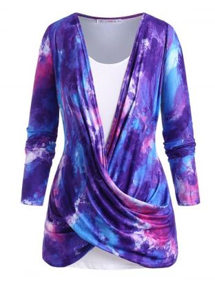 Cowl Twisted Front Tie Dye Plus Size Top Set