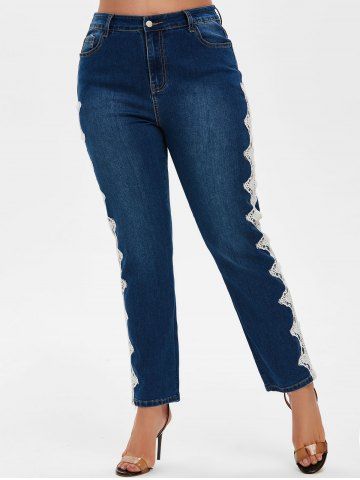 

Plus Size Lace Insert Faded Jeans, Deep blue