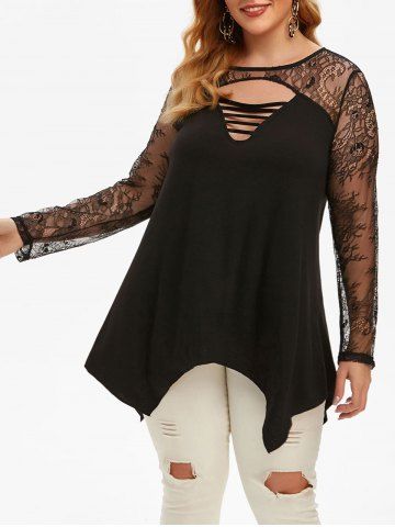 Lace Panel Handkerchief Ladder Cut Out Plus Size Tunic Top