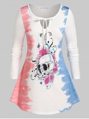 Plus Size Halloween Skull Keyhole Tie Dye Tunic Tee