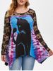 Lace Panel Tie Dye Cat Print Plus Size Top -  