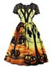 Halloween Pumpkin Spider Print Lace Panel Vintage Dress -  