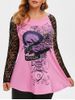 Plus Size Halloween Lace Sleeve Skull Print T Shirt -  