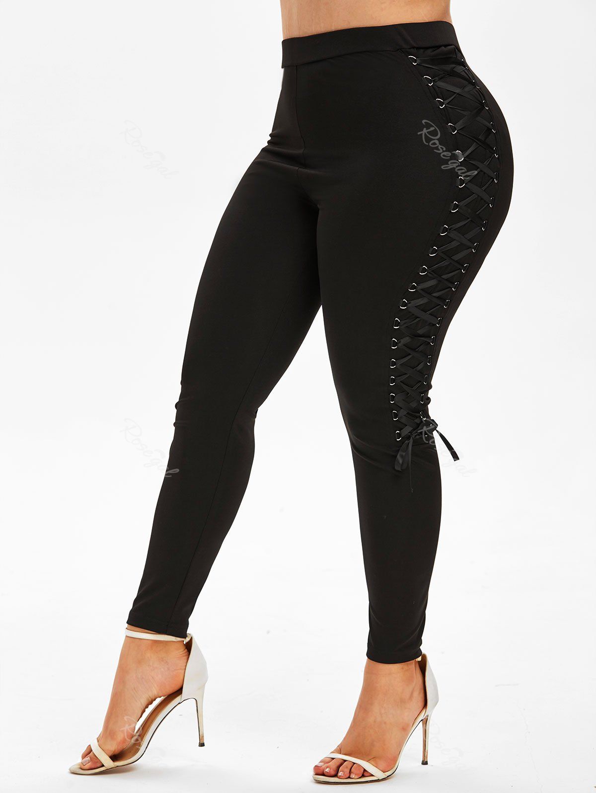 

Plus Size Lace-up D-ring High Waisted Skinny Pants, Black