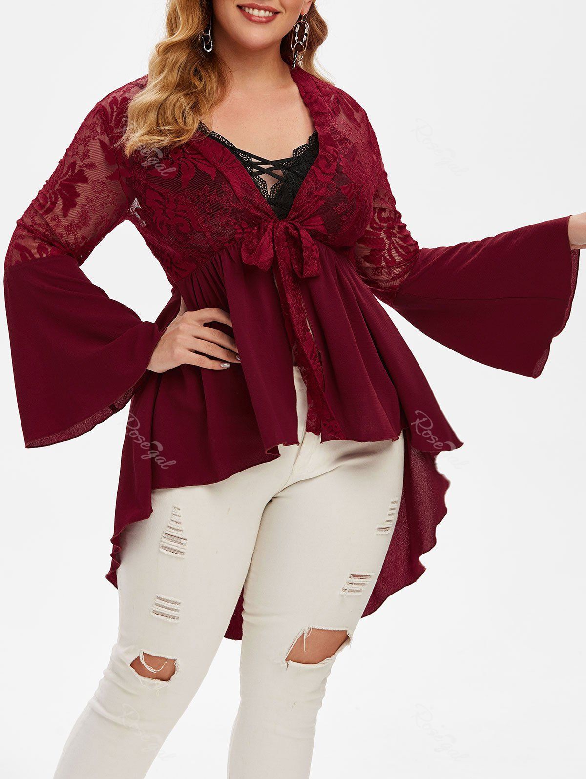 

Plus Size Plunge Front Tie High Low Top, Red wine