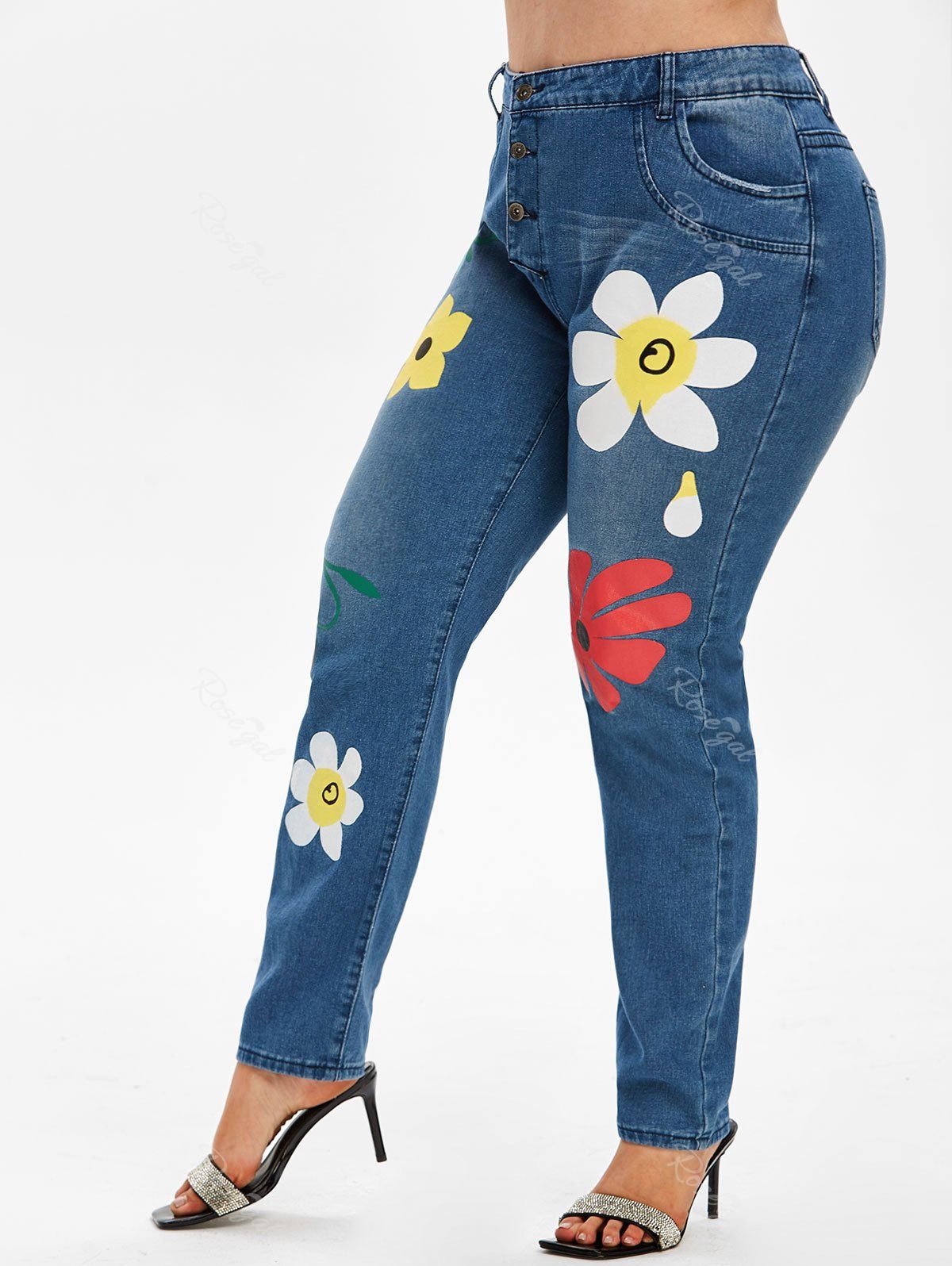 Buy Plus Size Button Fly Floral Print Jeans  
