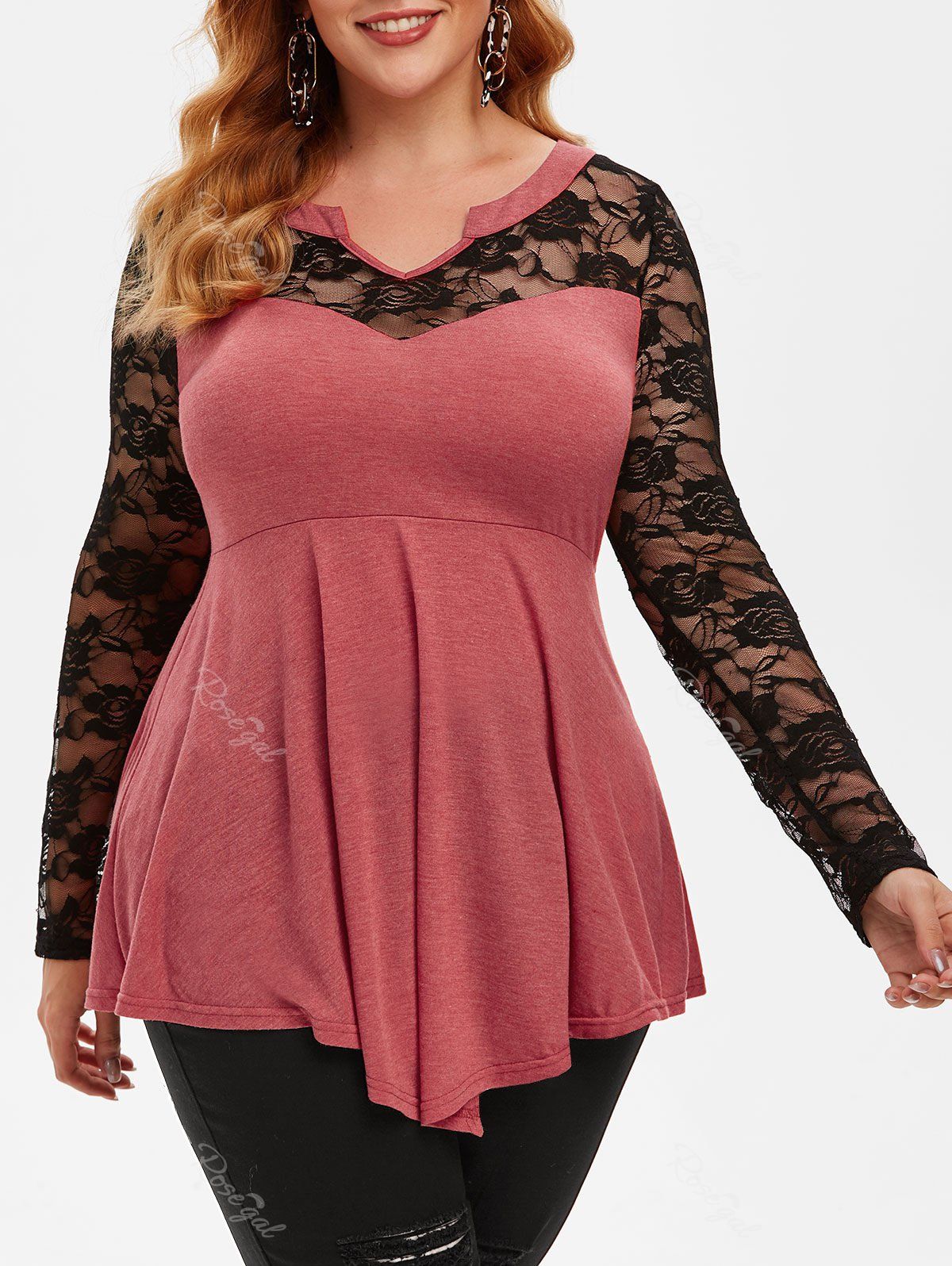 Hot Plus Size Flower Lace Panel Flare Top  
