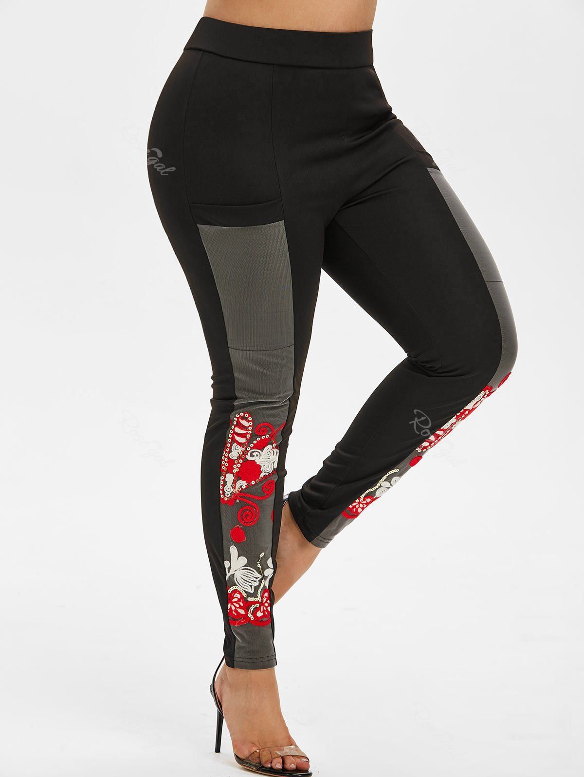 

Plus Size Embroidered Mesh Insert Fitted Pants, Black