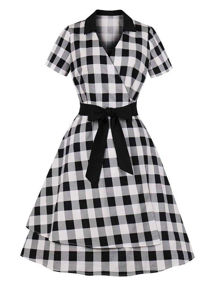 

Checked Belted A Line Surplice Dress, Black