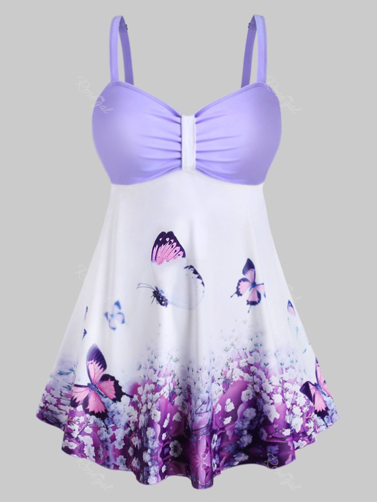 

Plus Size Empire Waist Butterfly Floral Print Tankini Swimwear, Light purple