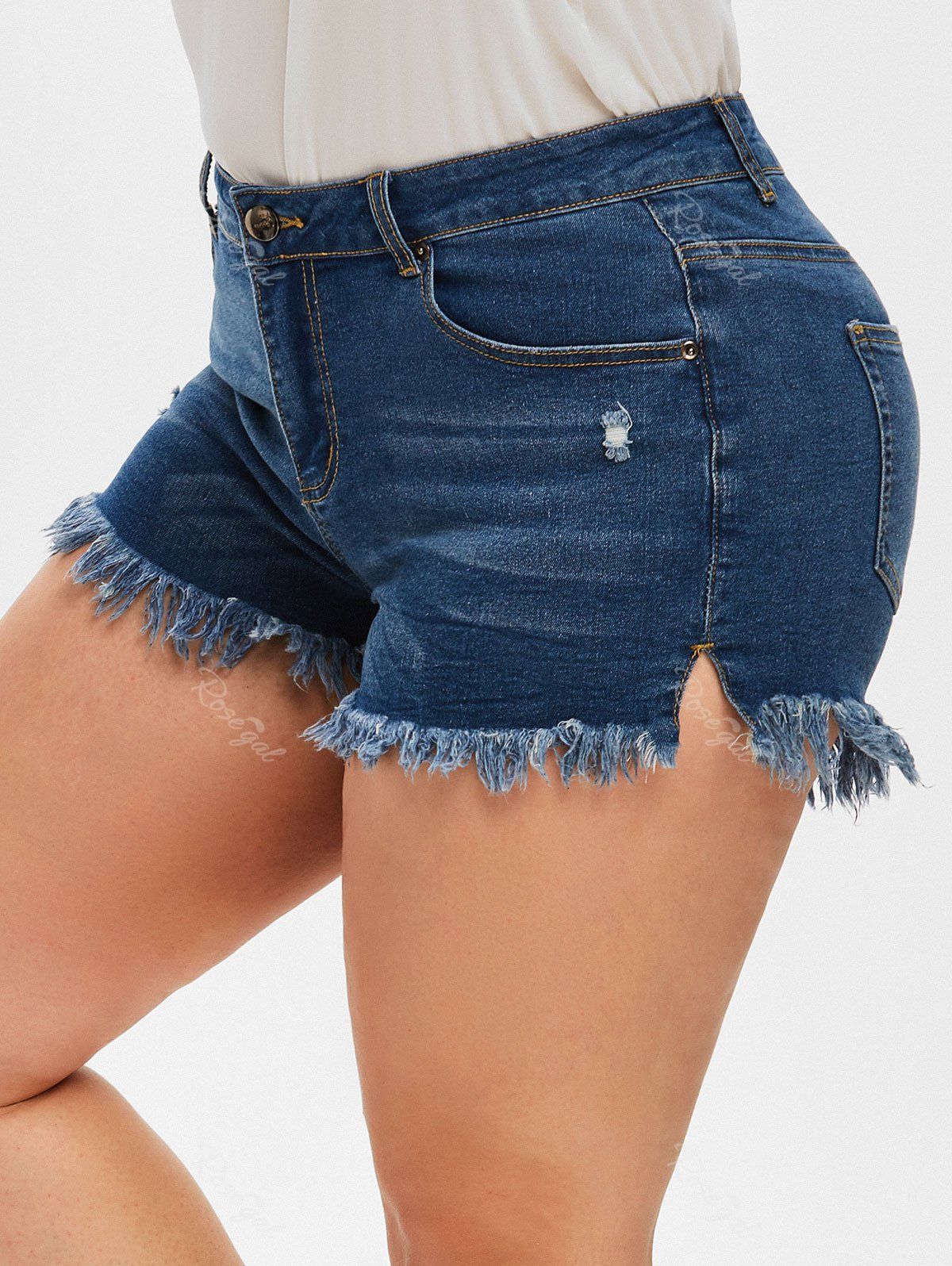 

Plus Size Ripped Frayed Slit Denim Shorts, Blue