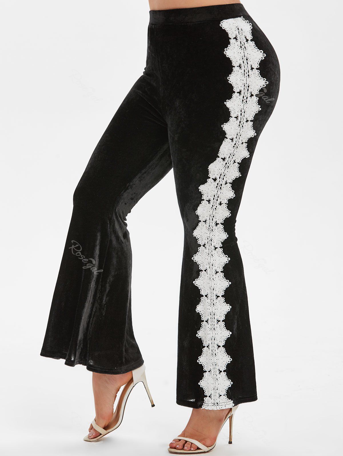 Shop Plus Size Velvet Contrast Lace Bell Bottom Pants  