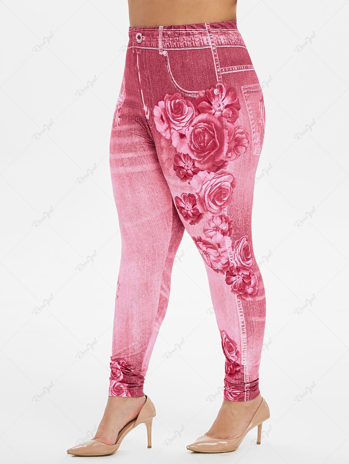 

Plus Size High Rise Floral Gym 3D Jeggings, Light pink